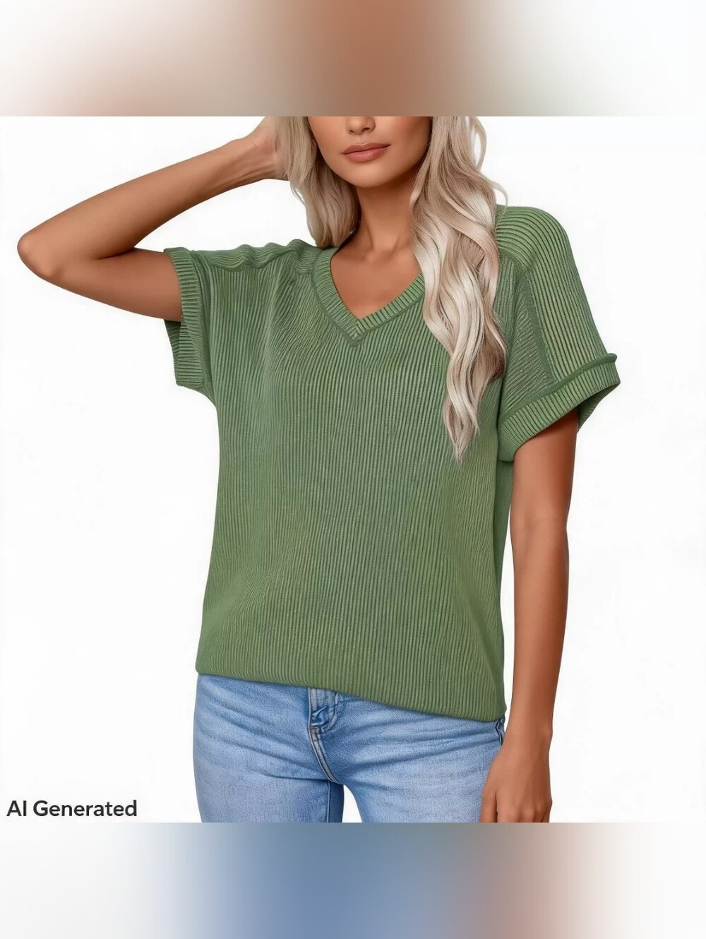 Relaxed V-Neck Ribbed Knit Top - Olive Green